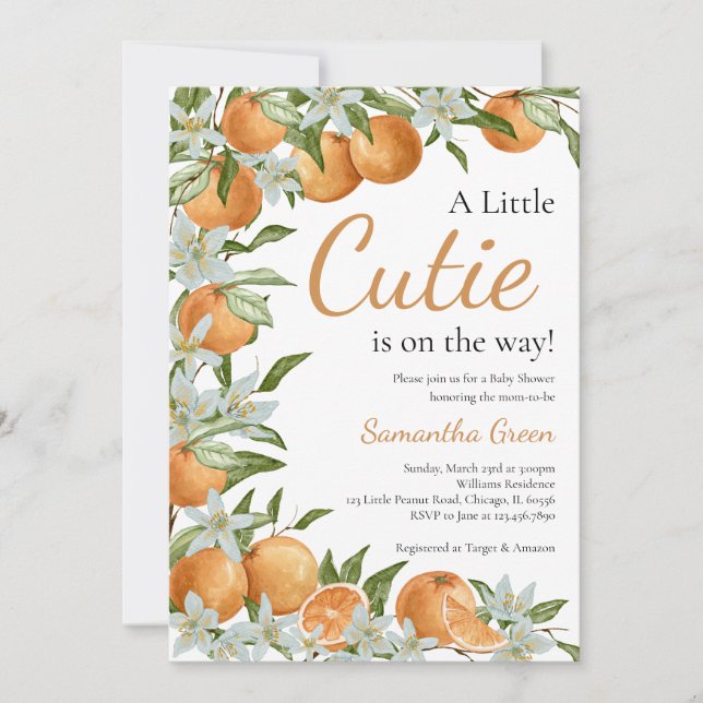 Invitación Naranja neutral de género Citrus Baby Shower (Anverso)