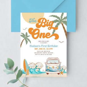 Invitación Naranja Niño Azul El Grande Uno Surf 1er Cumpleaño