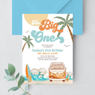 Invitación Naranja Niño Azul El Grande Uno Surf 1er Cumpleaño