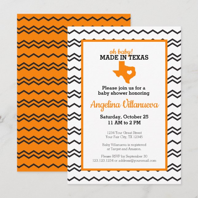 Invitación ¡naranja Oh Bebé! Chevron hecho en la ducha de Tex (Anverso / Reverso)