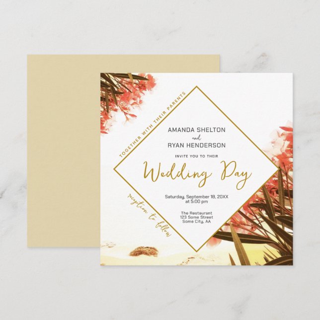 Invitación Naranja Oleander en el Boda Beach Floral (Anverso / Reverso)