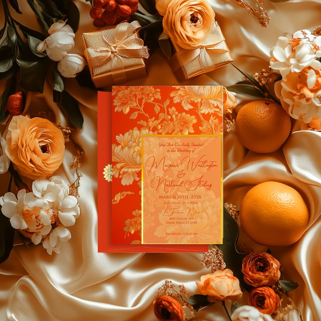 Invitación Naranja opulento y Boda dorado mandarín floral (Elegant Orange Mandarin Floral Wedding Invitation )