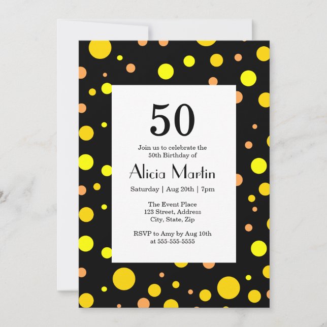 Invitación Naranja Oro Amarillo Polka Dot Negro 50 cumpleaños (Anverso)
