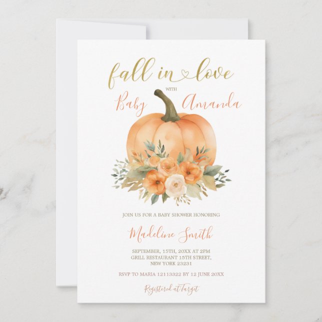 Invitación Naranja Otoño Calabaza Enamorada Baby Shower (Anverso)
