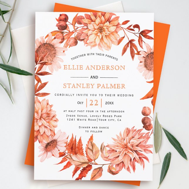 Invitación Naranja otoño flor wreath otoño boda (Subido por el creador)