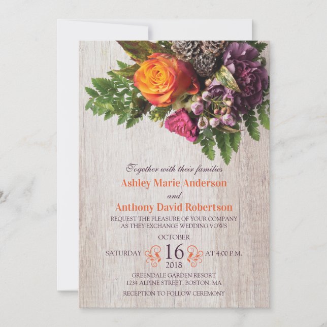 Invitación Naranja otoño Rosa púrpura Carnación Bouquet Boda (Anverso)