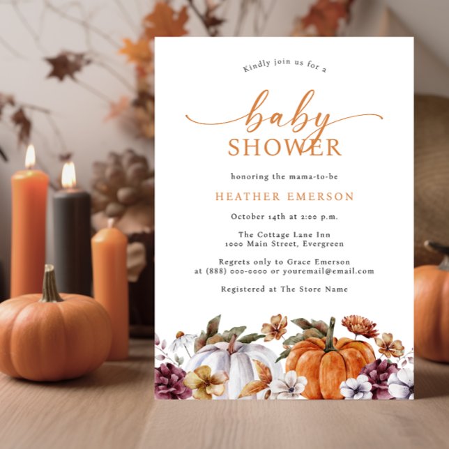 Invitación Naranja Otumn Baby Shower (Fall Burnt Orange Baby Shower Invitation Autumn White Pumpkins Watercolor Burgundy Florals)