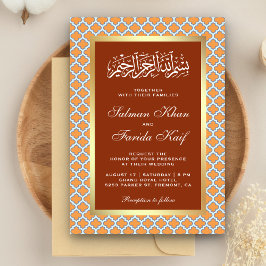 Invitación Naranja oxidada quatrefoil marroquí boda islámica