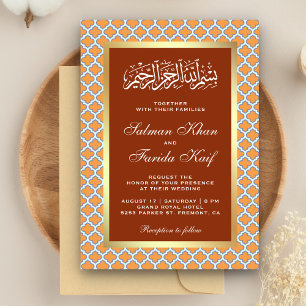 Invitación Naranja oxidada quatrefoil marroquí boda islámica