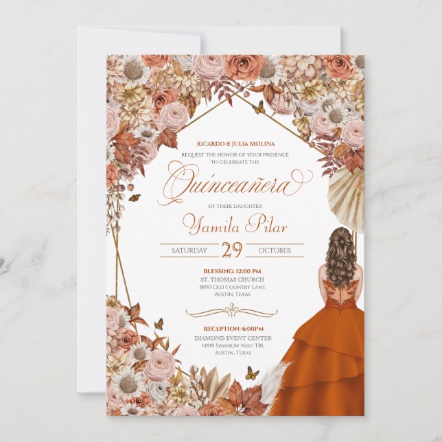 Invitación Naranja oxidante deja Autum Falll Floral Quinceane (Anverso)