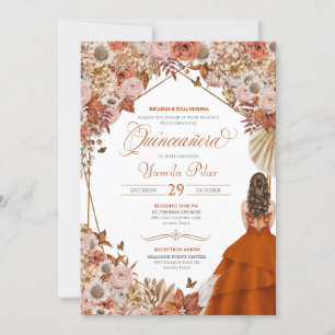 Invitación Naranja oxidante deja Autum Falll Floral Quinceane