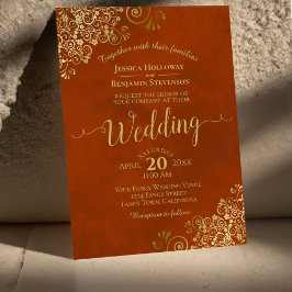 Invitación Naranja oxidante Elegant Gold Curls Calligraphy Bo