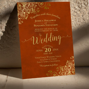 Invitación Naranja oxidante Elegant Gold Curls Calligraphy Bo