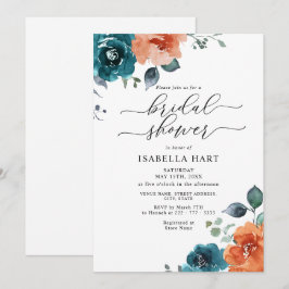 Invitación Naranja oxidante Verde azulada ducha de novia flor