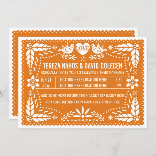 Invitación Naranja papel picado boda de aves amorosas (Anverso / Reverso)