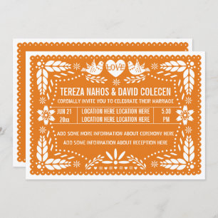 Invitación Naranja papel picado boda de aves amorosas
