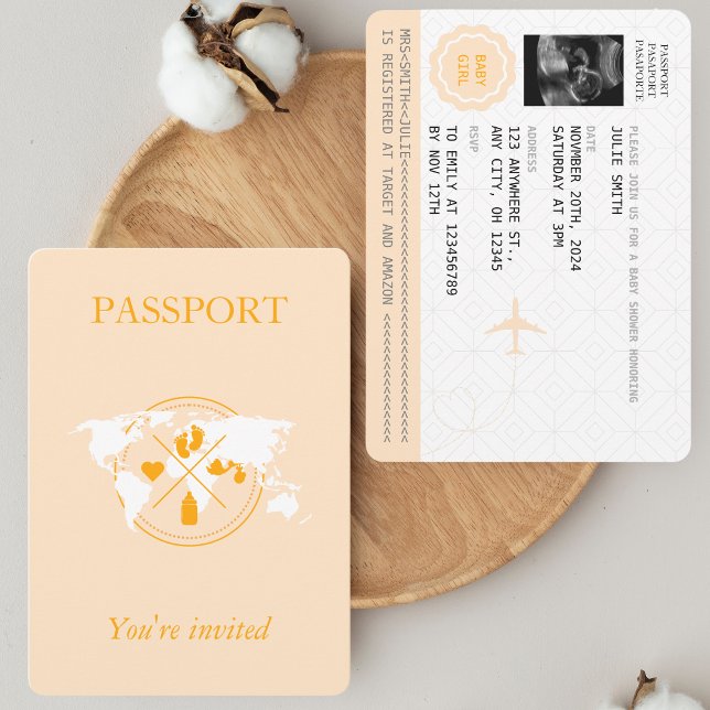 Invitación Naranja Pasaporte Chica de Viajes Baby Shower Worl (Subido por el creador)