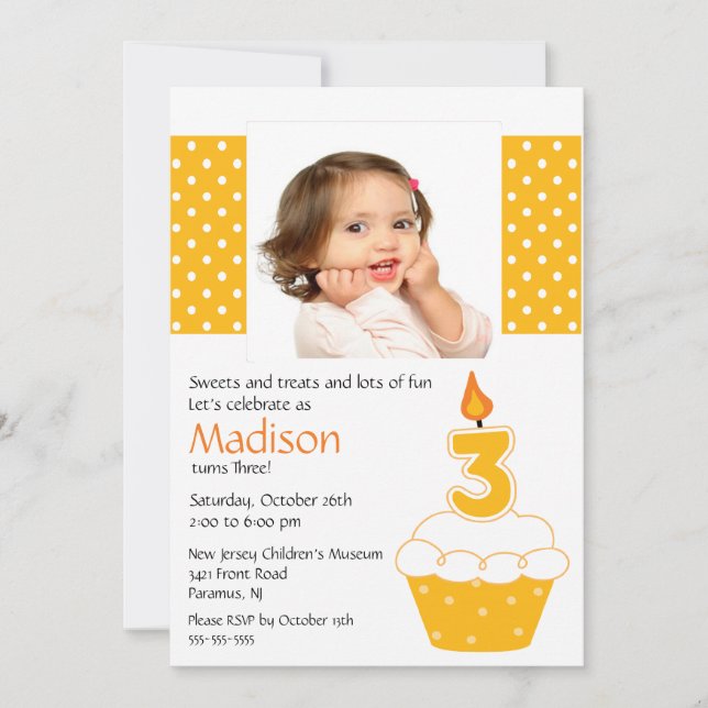 Invitación Naranja Pastel fotográfico Tercer cumpleaños Invit (Anverso)