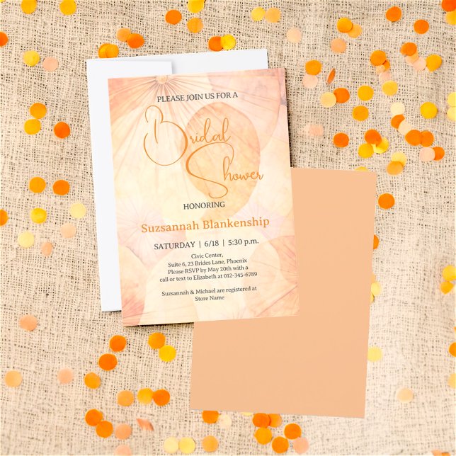 Invitación Naranja Pastel Resumen Fondo Ducha de novia (front and back view of bridal shower invitation design)