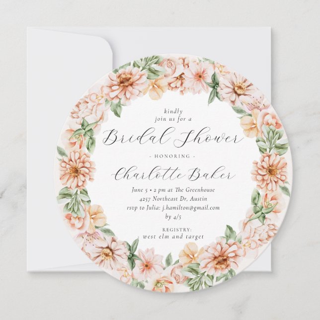 Invitación Naranja Peach Floral Garden Botánica Bridal Shower (Anverso)