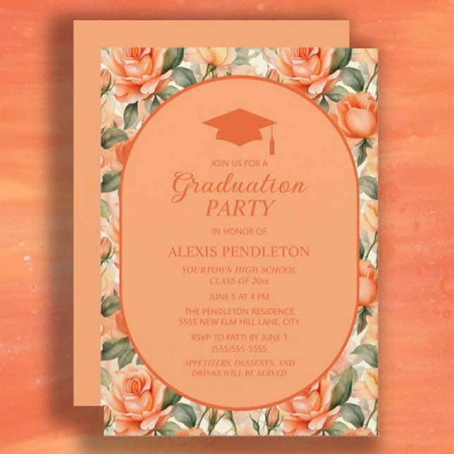 Invitación Naranja Peach Floral High School Cap (Orange and peach-colored floral graduation party invitation)