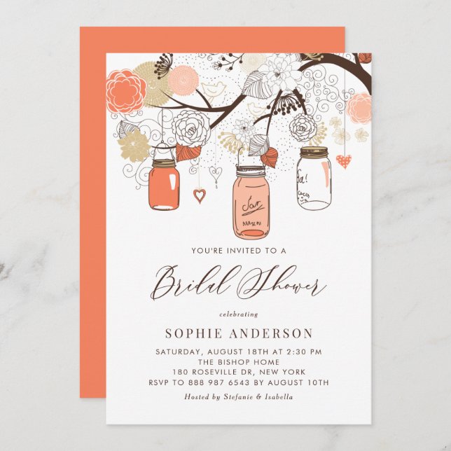 Invitación Naranja Peach Mason Jars Bridal Shower (Anverso / Reverso)