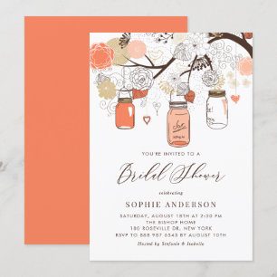 Invitación Naranja Peach Mason Jars Bridal Shower
