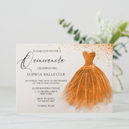 Invitación Naranja Peach Purpurina Vestido con bata Quinceane