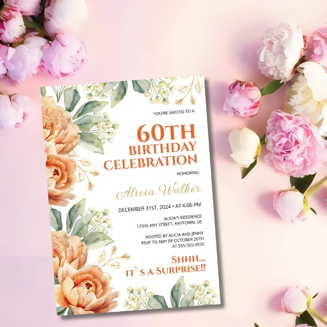 Invitación Naranja Peony Floral Gold Leaf Surprise Cumpleaños (Subido por el creador)