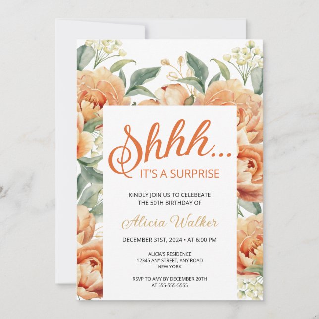 Invitación Naranja Peony Floral Surprise Cumpleaños (Anverso)
