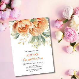 Invitación Naranja Peony Gold Leaf Greenery 16th Birthday