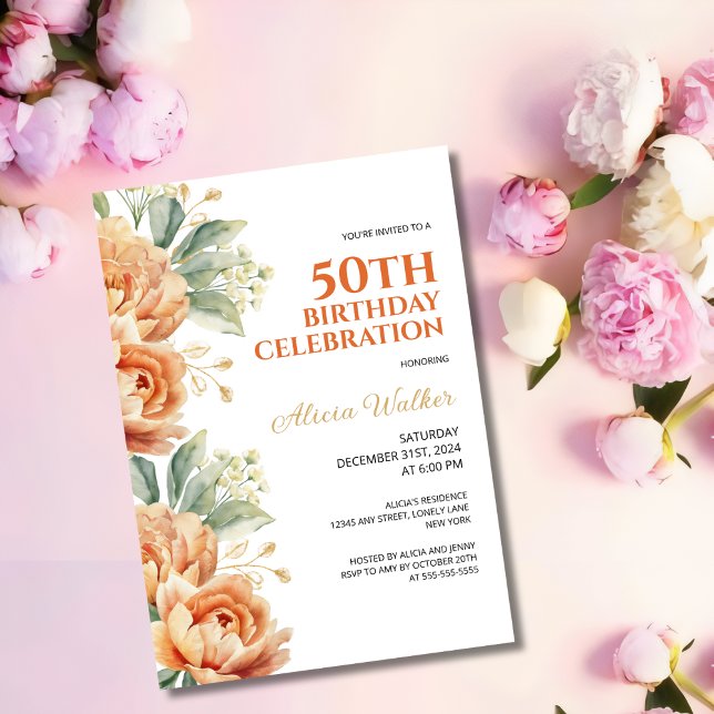 Invitación Naranja Peony Gold Leaf Rustic Floral Cumpleaños (Subido por el creador)