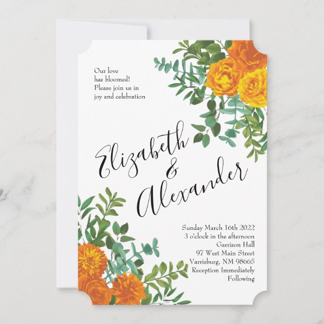 Invitación Naranja Peony y Rosa Boda Floral (Anverso)