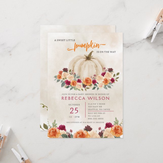 Invitación Naranja Pequeña Calabaza Género Baby Shower neutra (Anverso/Reverso In Situ)