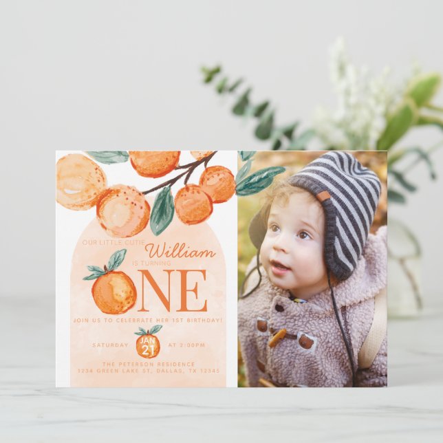 Invitación Naranja Pequeña Corbata Una foto del primer Fiesta (Anverso de pie)