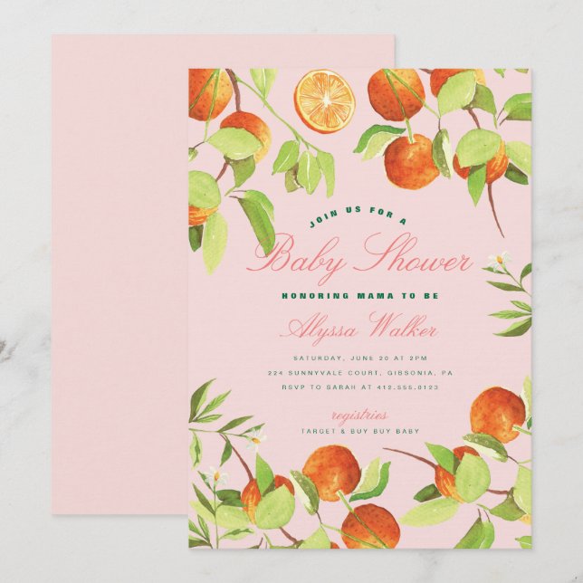 Invitación Naranja Pequeña Cutie Género Neutral Baby Shower (Anverso / Reverso)