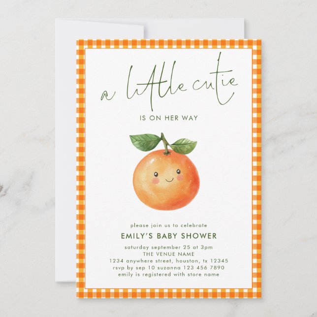 Invitación Naranja pequeño Gingham Chica Baby Shower (Anverso)