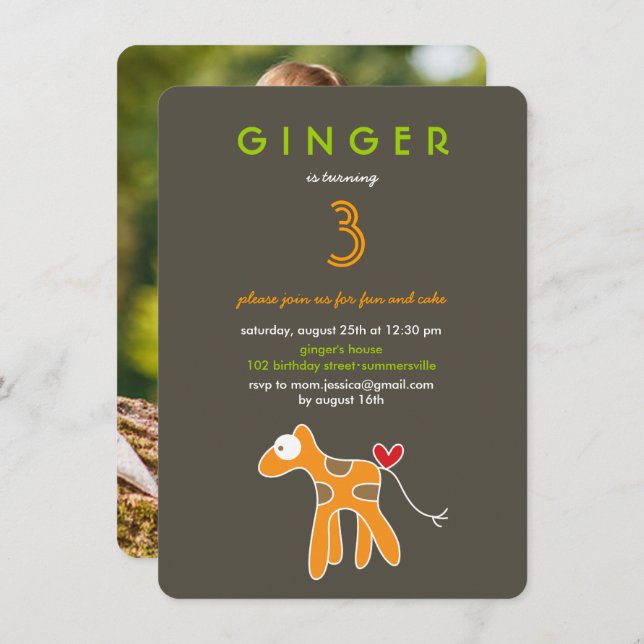 Invitación Naranja Personalizado educada Giraffe, foto de cum (Anverso / Reverso)