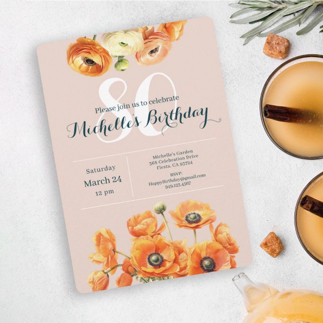 Invitación Naranja Pink Garden Floral 80ª fiesta de cumpleaño (Subido por el creador)