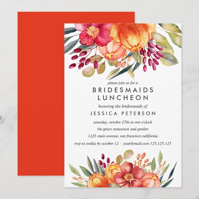 Invitación Naranja pintada Flor Novias de Novia Boda de Lunch (Anverso / Reverso)