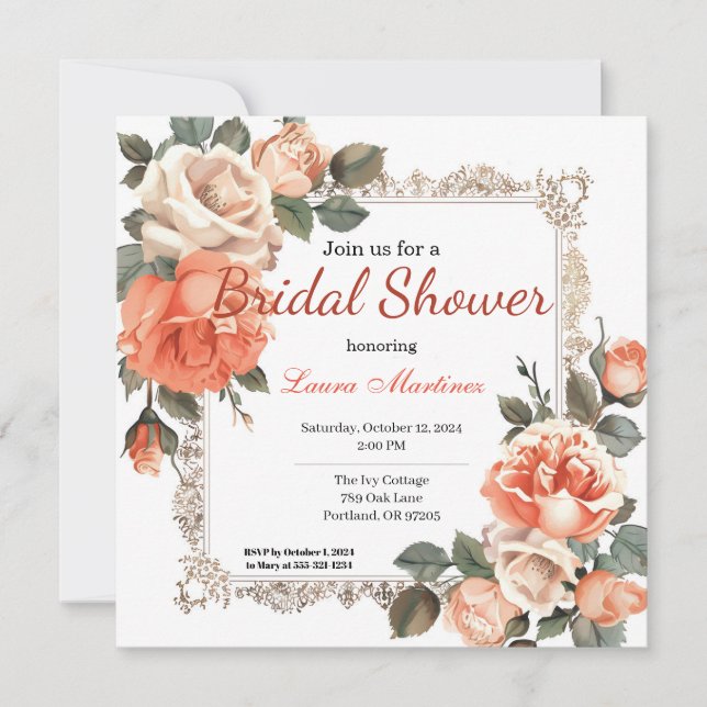 Invitación Naranja pintado de flores Bridal Shower (Anverso)