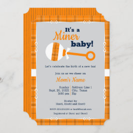 Invitación Naranja Plaid Rattle Miner Baby Shower