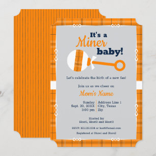 Invitación Naranja Plaid Rattle Miner Baby Shower