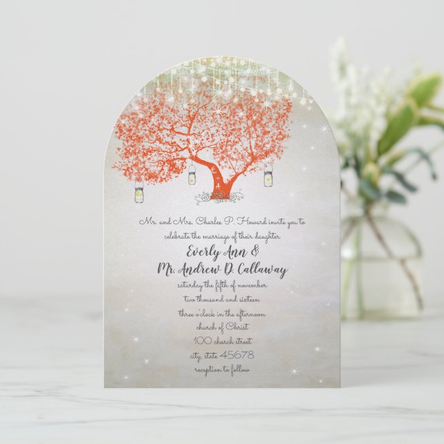 Invitación Naranja plateado Coral Rustic Boda forestal de cam (Anverso de pie)