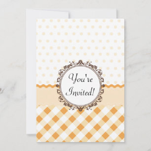 Invitación Naranja Polkadots, chequeos y rayas con monograma