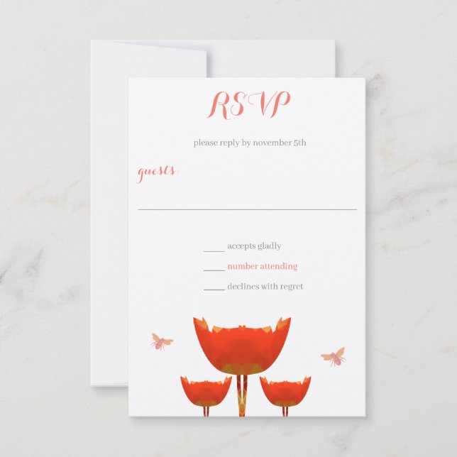 Invitación Naranja Poppies & Bumble Bees Wedding RSVP (Anverso)