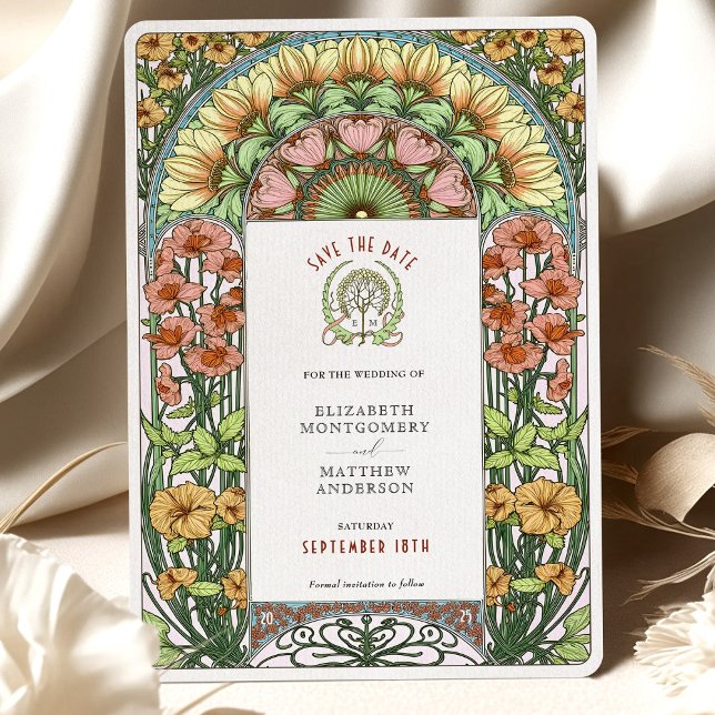 Invitación Naranja Poppies y Daisies Art Nouveau Guardar la f (Subido por el creador)