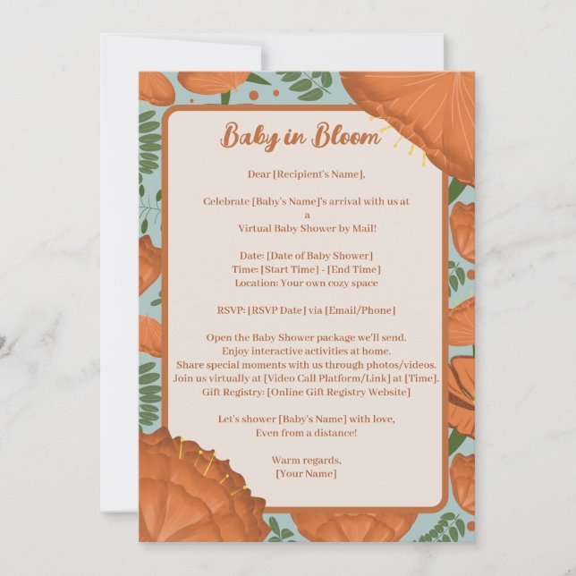 Invitación Naranja Poppy Baby Shower por distancia (Anverso)
