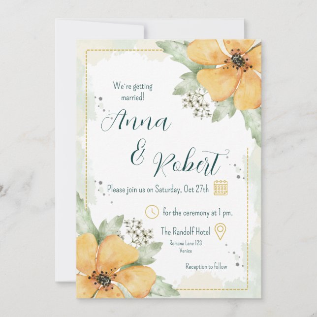 Invitación Naranja Poppy Watercolor Florals Boda (Anverso)