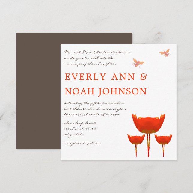 Invitación Naranja Poppy y Bumble Bee Boda (Anverso / Reverso)